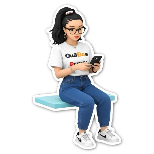 A 3D model wearing glasses sits on a bench holding a cell phone.