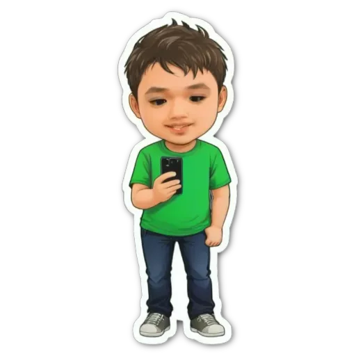 A green colored boy is taking a picture of himself with a cell phone.