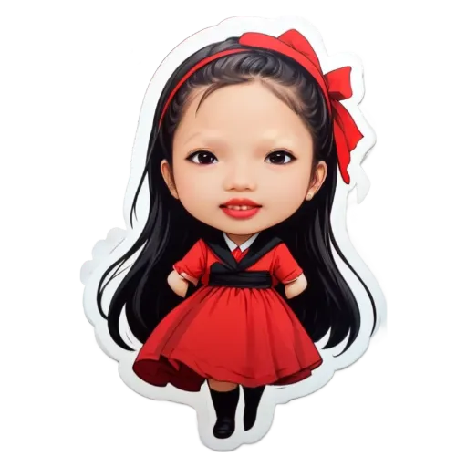 A sticker of a girl that is red in color.