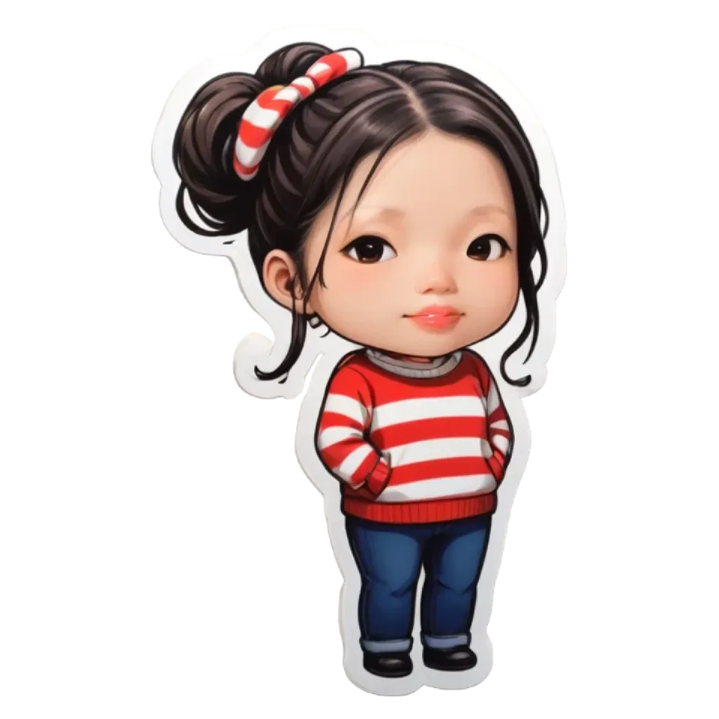 A girl with a white background is drawing attention with her red and white striped sweater.