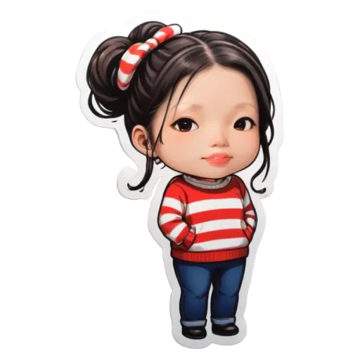 A girl with a white background is drawing attention with her red and white striped sweater.