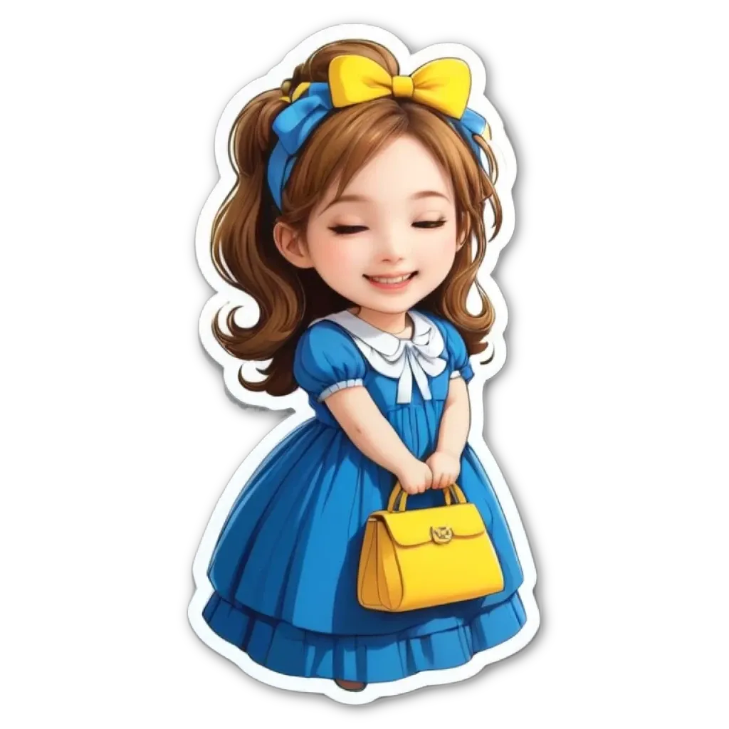 A cartoon girl holding a yellow bag.