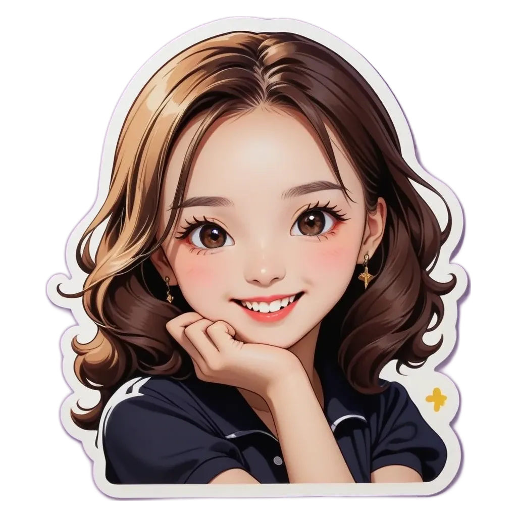 A sticker of a girl with her hand on her face.