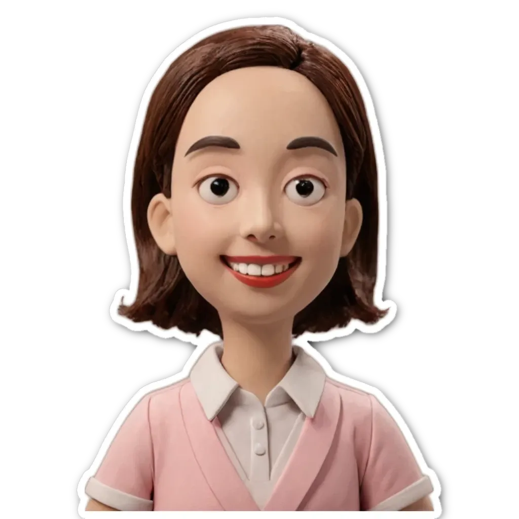 A sticker of a woman with pink shirt and white collar.