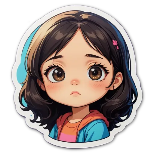 A girl with a sticker of her face looking sad.