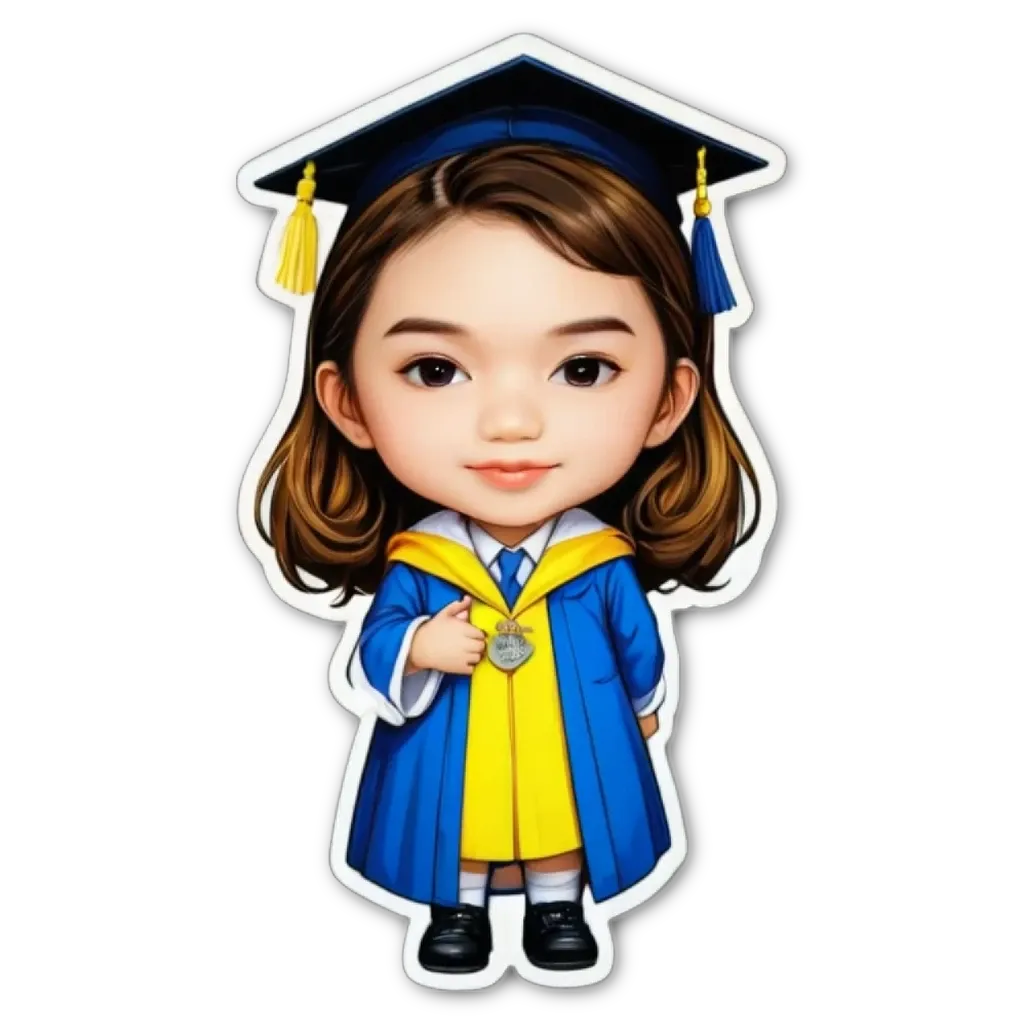 A cartoon girl wearing a blue and yellow graduation dress.