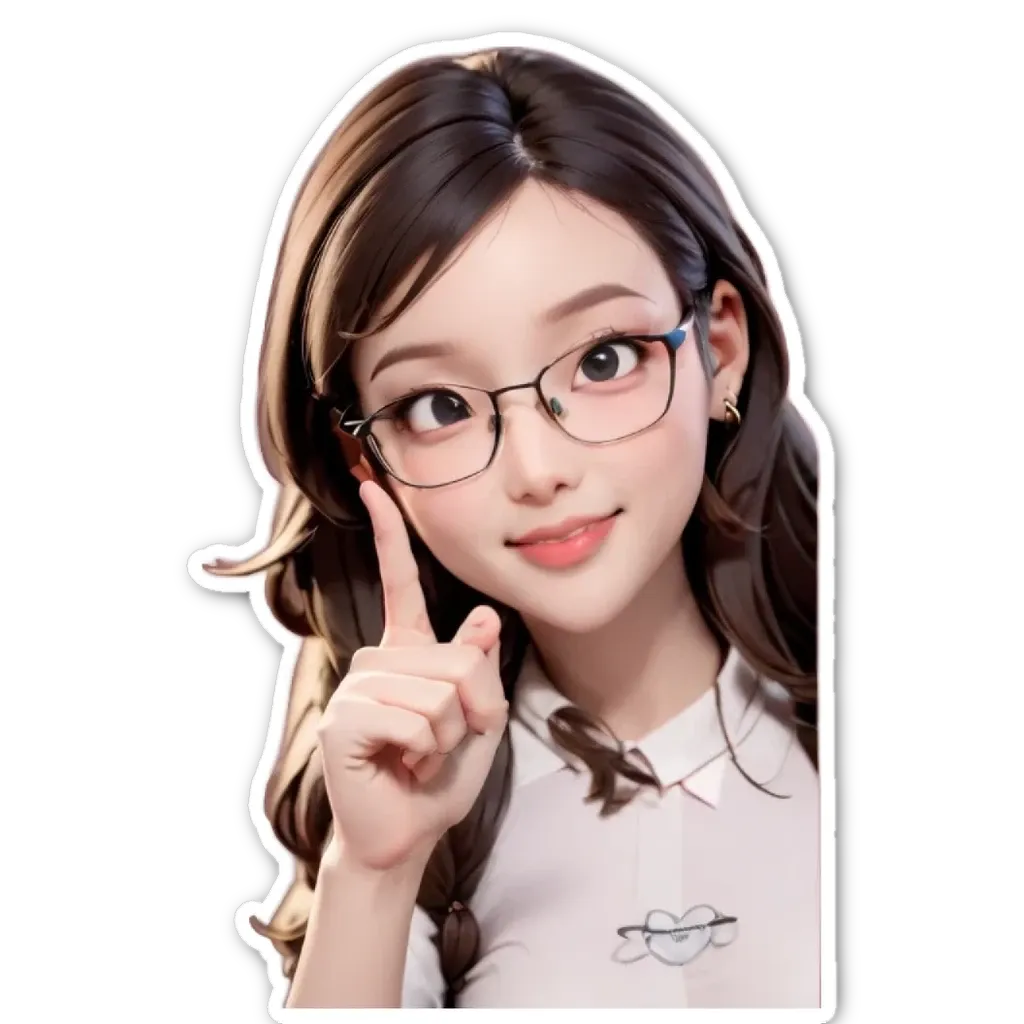 A girl wearing glasses pointing to the left.