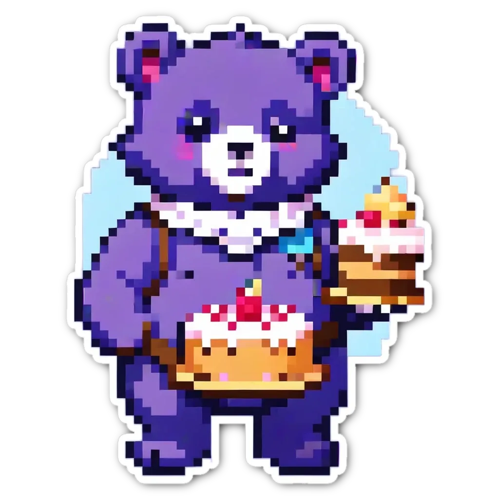 A bear holding a cake in its paws is looking at the camera.