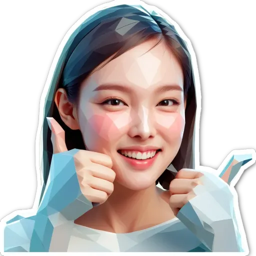 A woman giving a thumbs up is shown in a polygonal sticker.