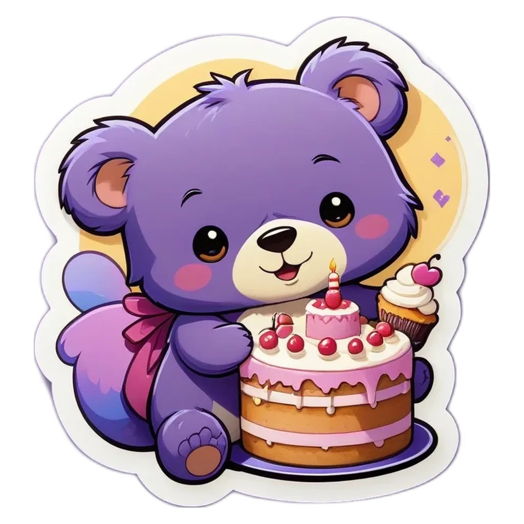 A purple teddy bear holding a cake on a plate.