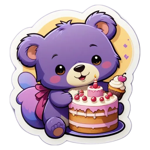 A purple teddy bear holding a cake on a plate.