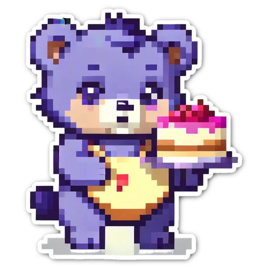 A blue bear holding a cake is standing on a black background.