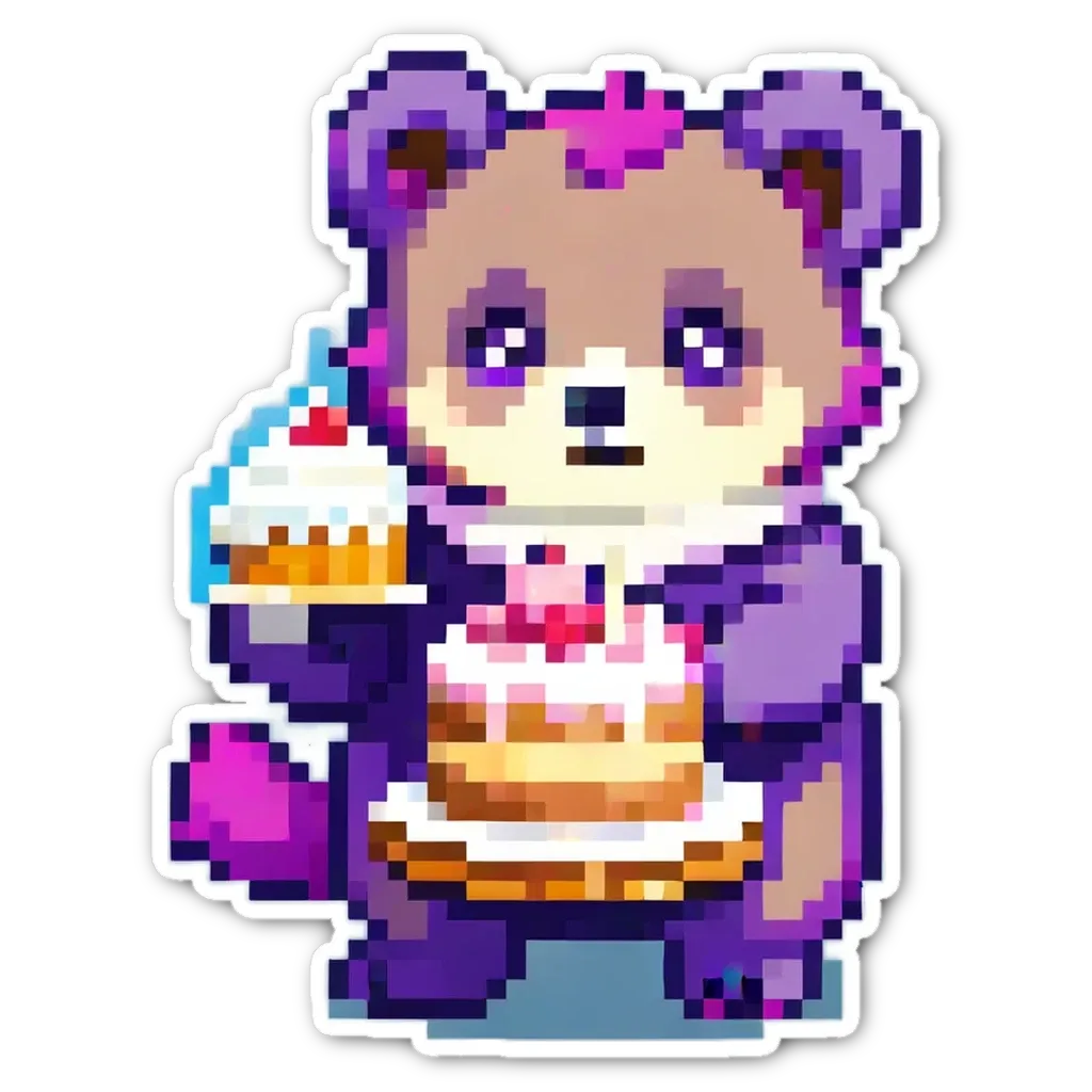 A panda bear holding a cake with strawberries on it.