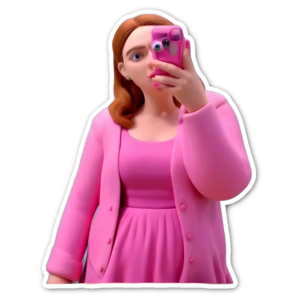 A woman holding a cell phone in a pink dress.