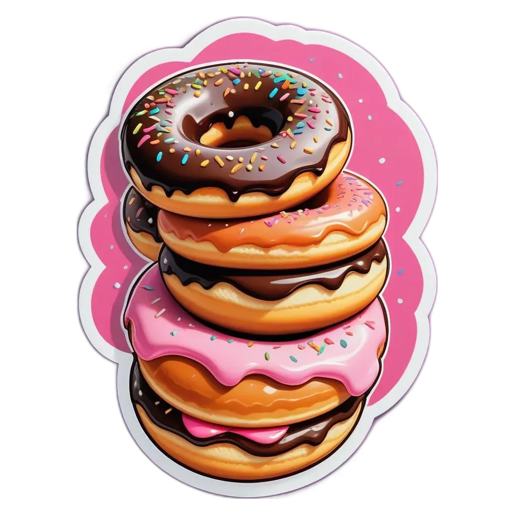 A stack of doughnuts with pink and chocolate frosting.