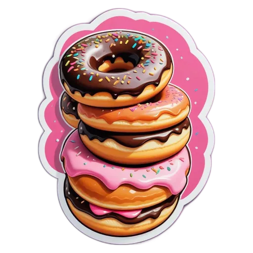 A stack of doughnuts with pink and chocolate frosting.