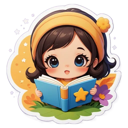 A girl reading a book with stars around her head.