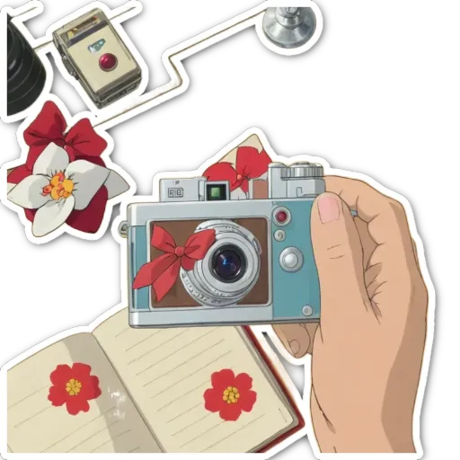 A hand holding a camera next to a book with flowers on the page.