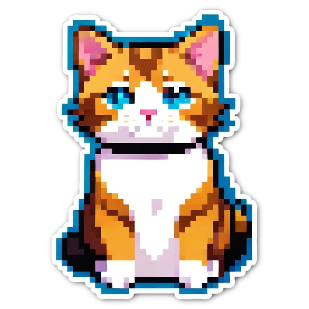 An orange and white pixelated cat sitting on a black background.