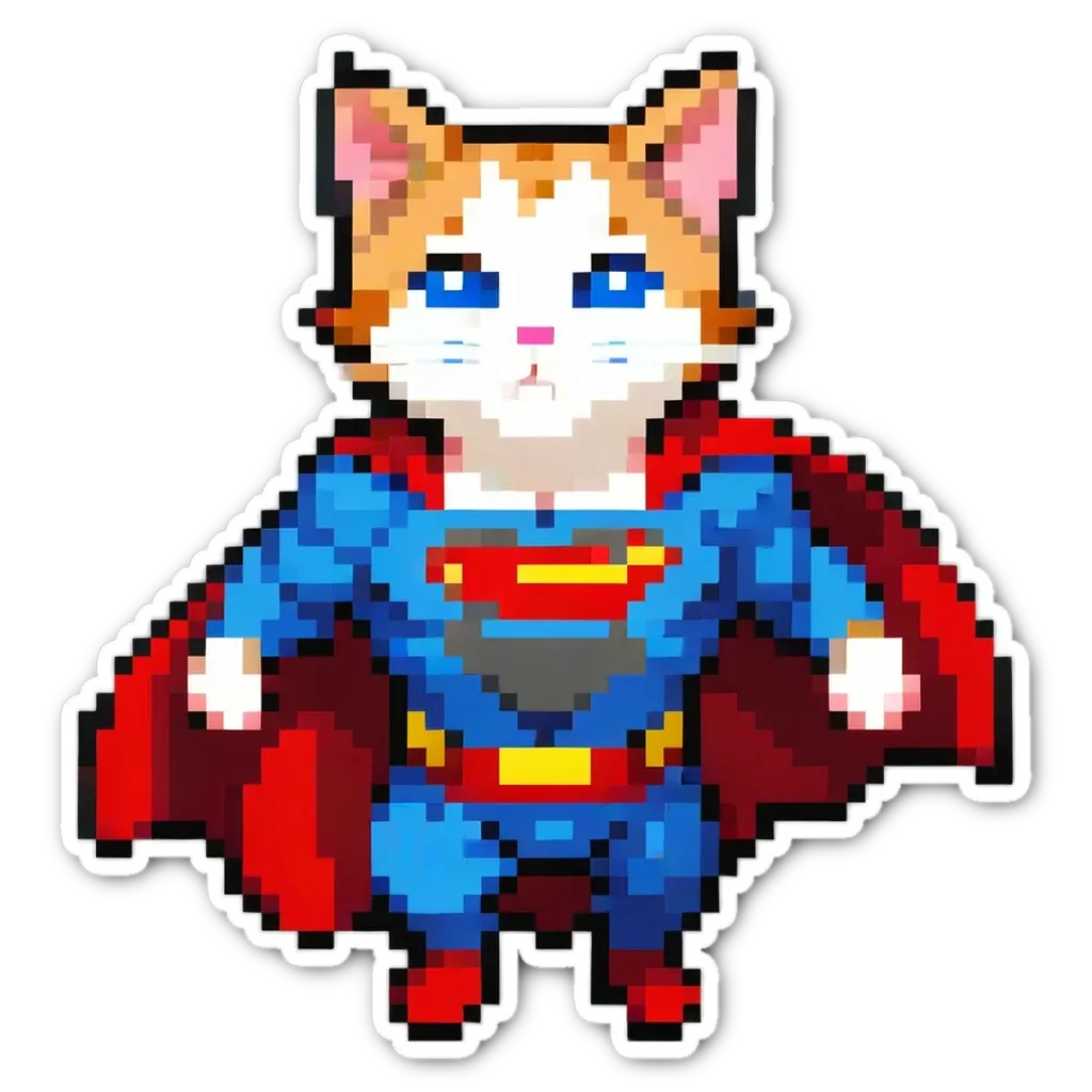 A superman cat is wearing a blue cape and looking down at the world.