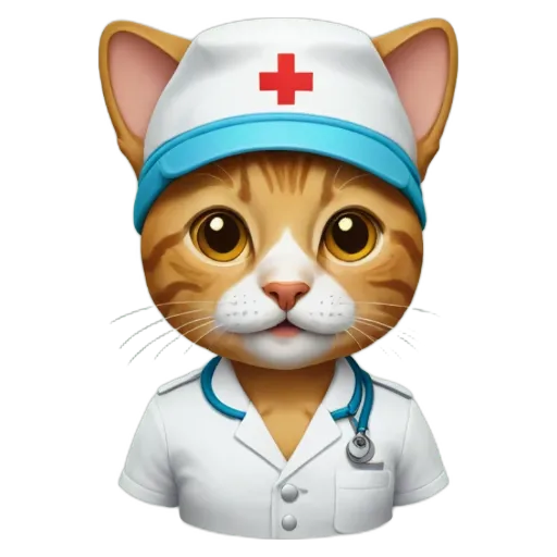 A cat in a white and blue uniform that looks like it was done by a doctor.