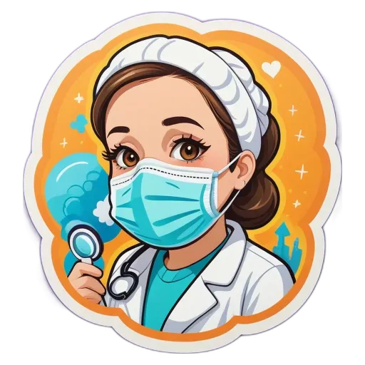 A cartoon image of a woman doctor wearing a white mask and blue scrubs holding a stethoscope.