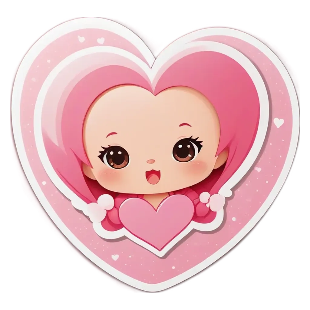 A cartoon girl holding a heart shapes stickers her face.