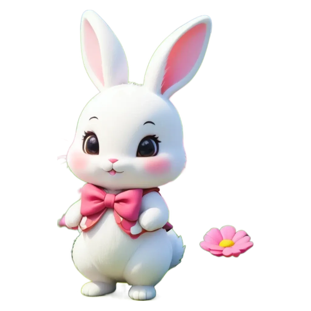 A bunny wearing a bow and flowers is standing on a black and white background.