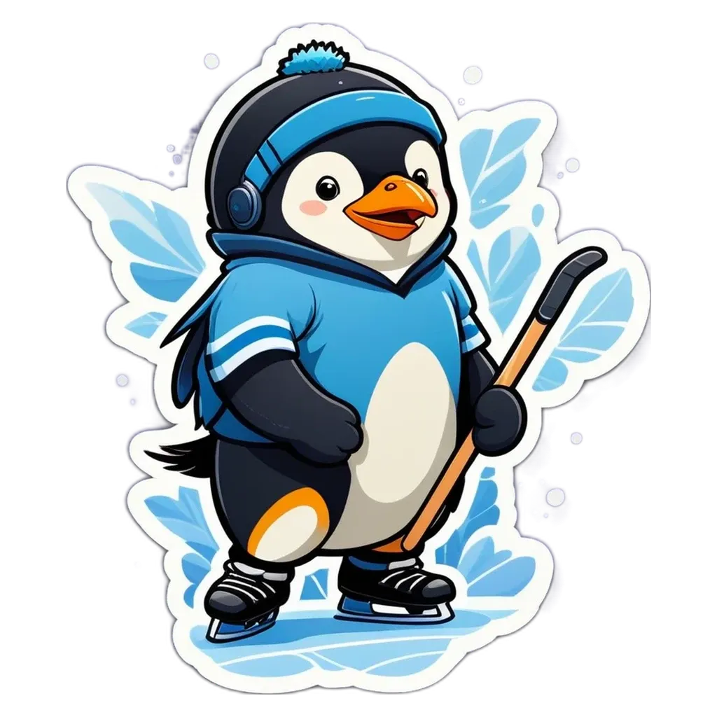 A cartoon penguin is standing on a ice rink wearing skates and holding a hockey stick.