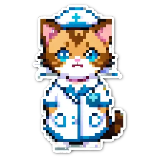 A cat in a white and blue uniform that looks like it was done by a child.