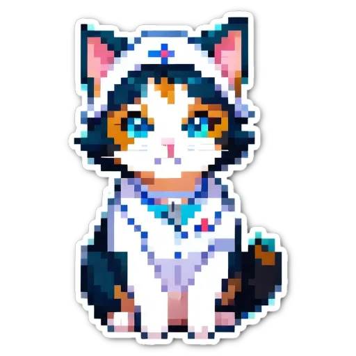 A cat in a white and blue uniform that looks like it was done by a pixelated sticker.