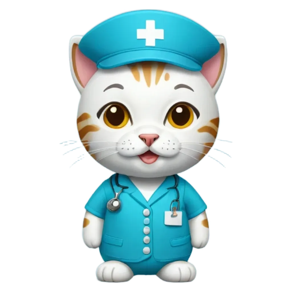 A cat in a blue hat and a blue shirt that is a doctor.