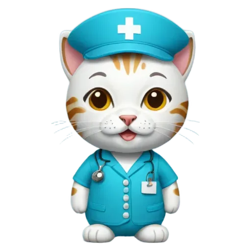 A cat in a blue hat and a blue shirt that is a doctor.