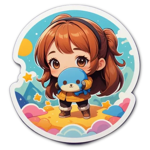 A girl holding a stuffed animal in a circle shaped graphic.