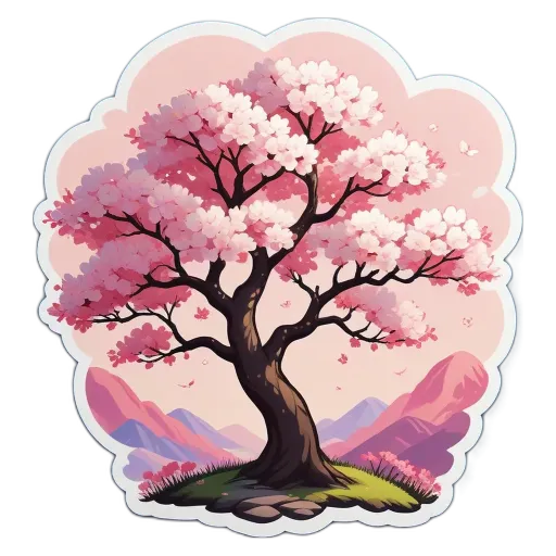 A cartoonish drawing of a tree with mountains in the background.