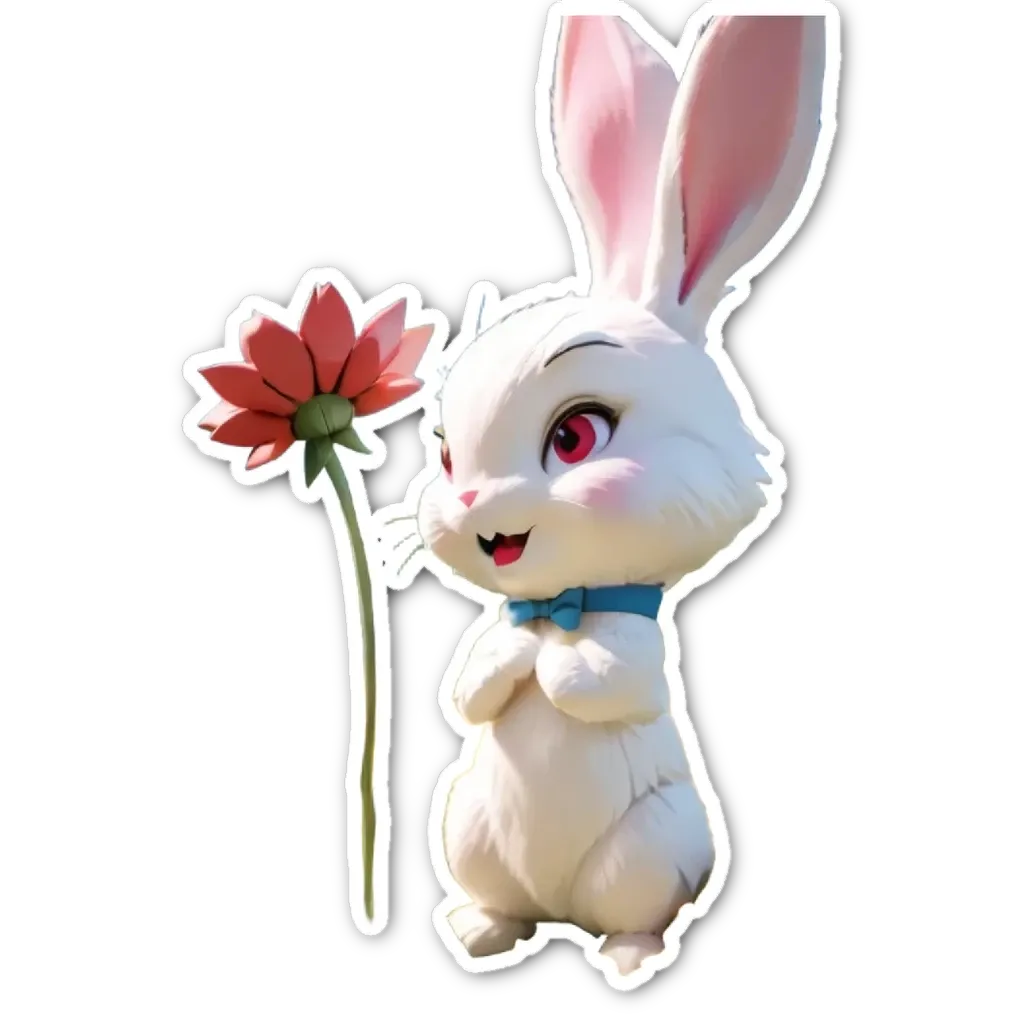 A bunny is holding a flower and posing for a picture.