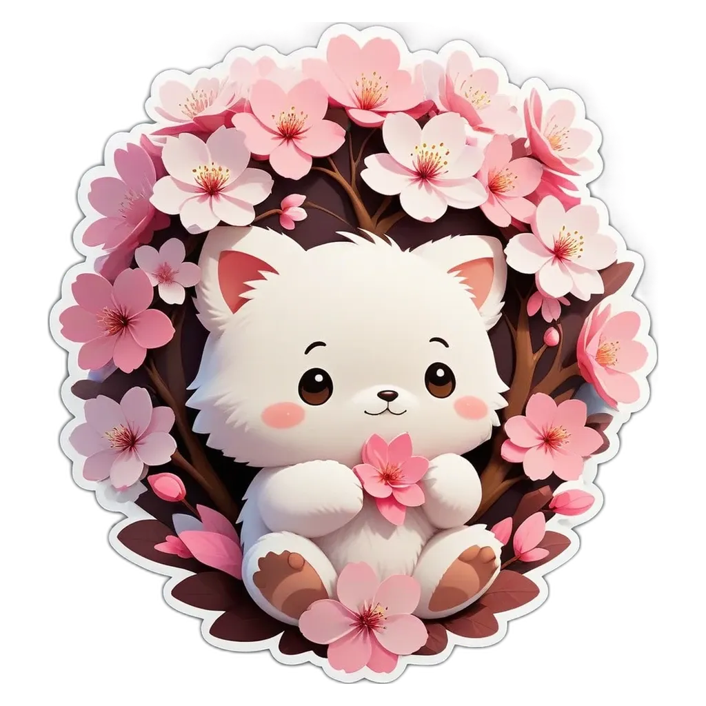 A cartoon cat sitting in a flowery box with a big flower on the front.