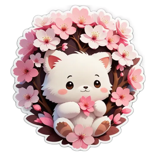 A cartoon cat sitting in a flowery box with a big flower on the front.