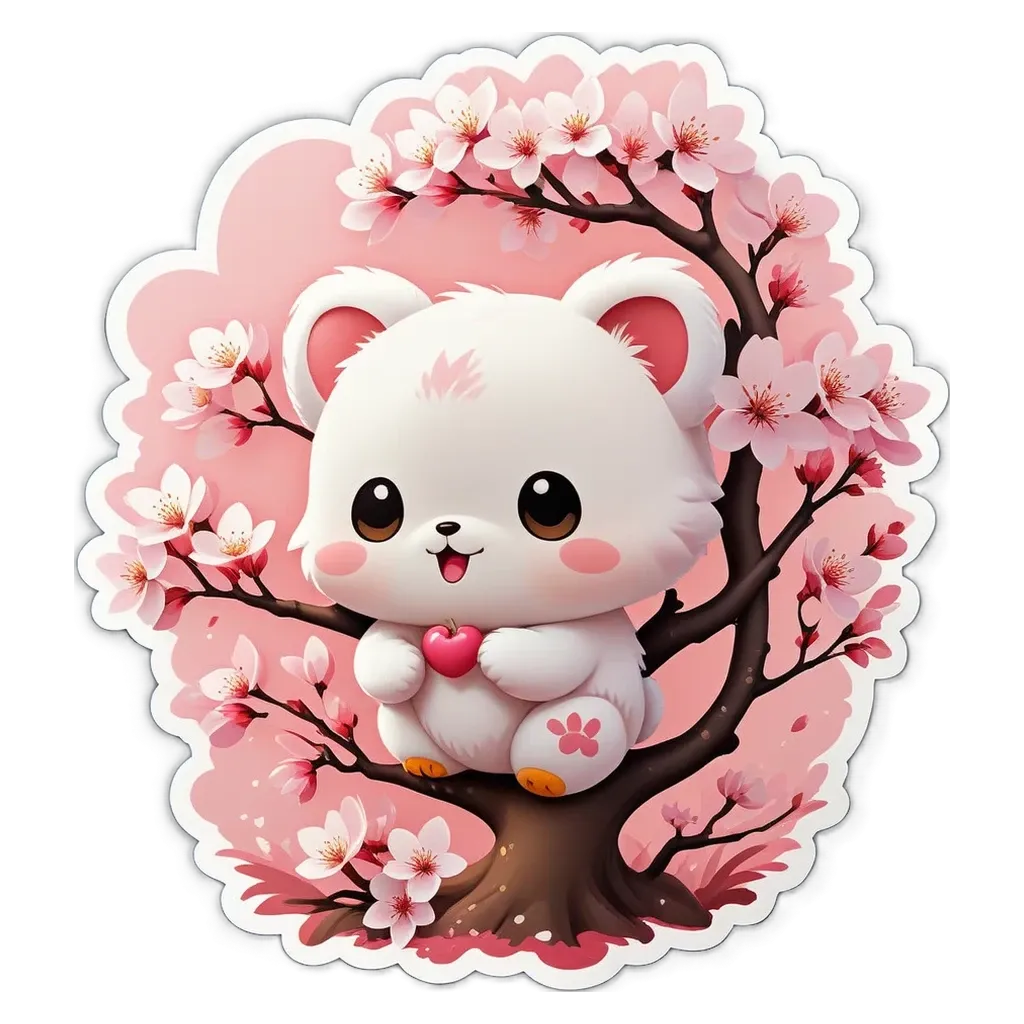 A cartoon white bear sitting in a tree with a heart.