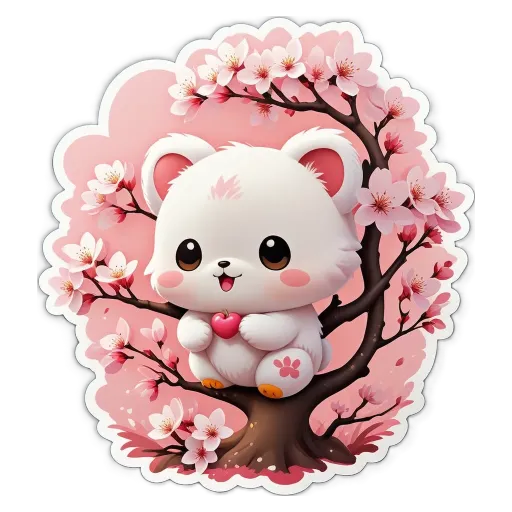 A cartoon white bear sitting in a tree with a heart.