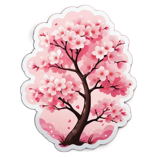 A sticker of a tree with pink petals that is on a black background.