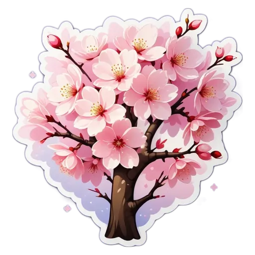 A sticker of a tree with pink flowers that is part of a set of three stickers.