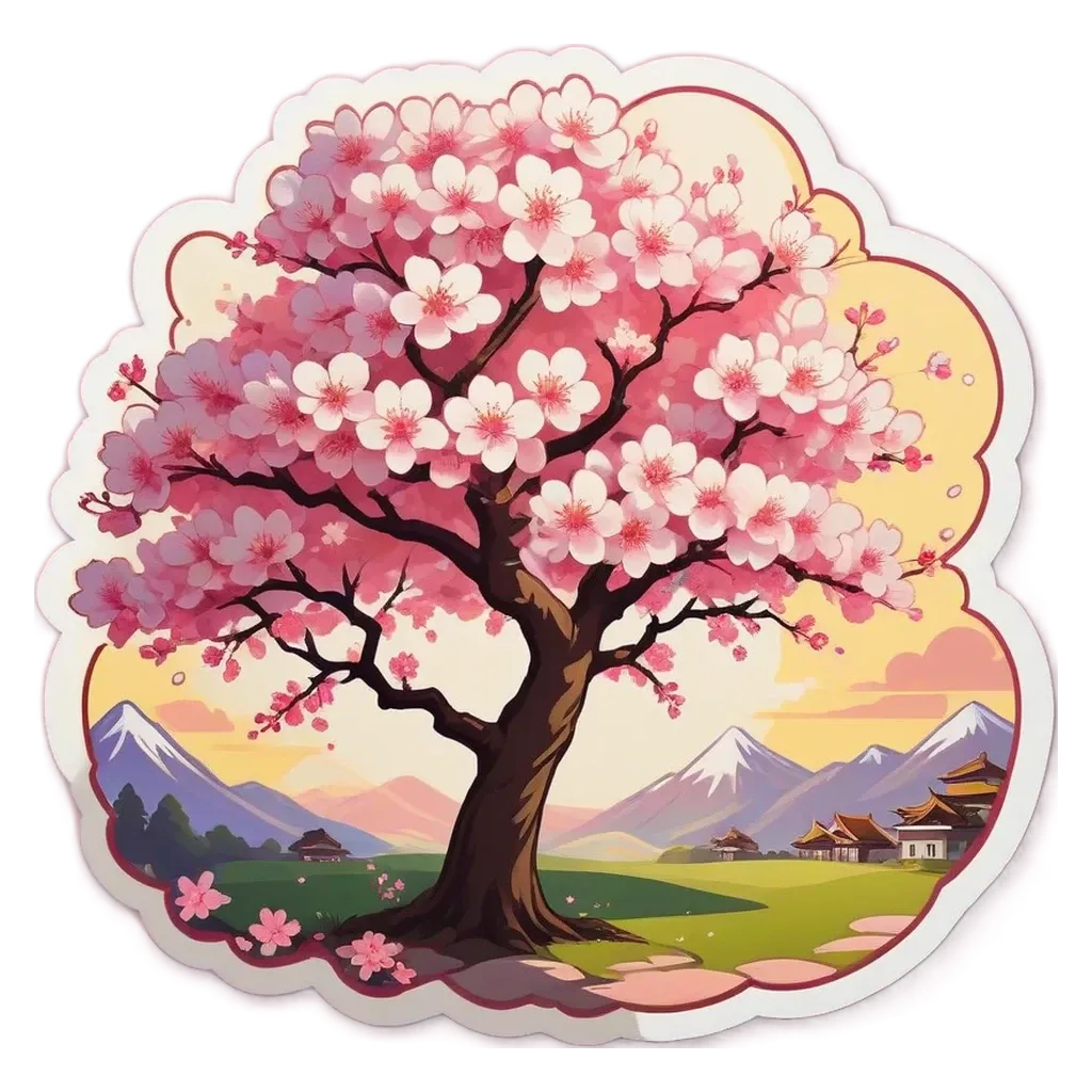 A cartoonish drawing of a tree with pink and white flowers in the front.