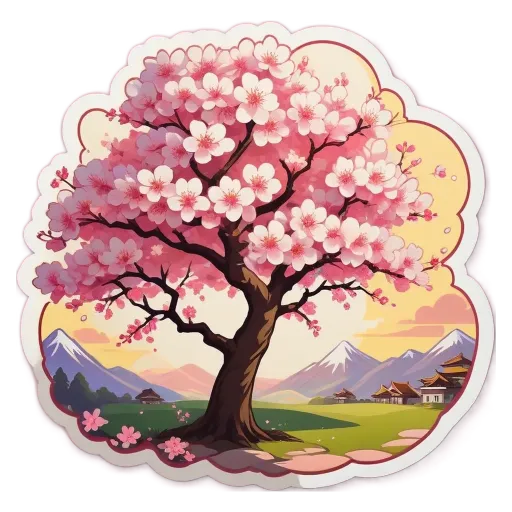 A cartoonish drawing of a tree with pink and white flowers in the front.