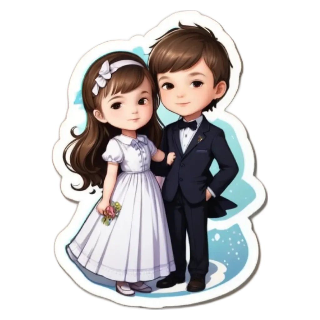 A cartoon picture of a girl and boy wearing wedding clothes.