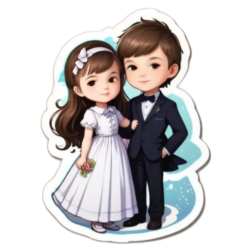 A cartoon picture of a girl and boy wearing wedding clothes.