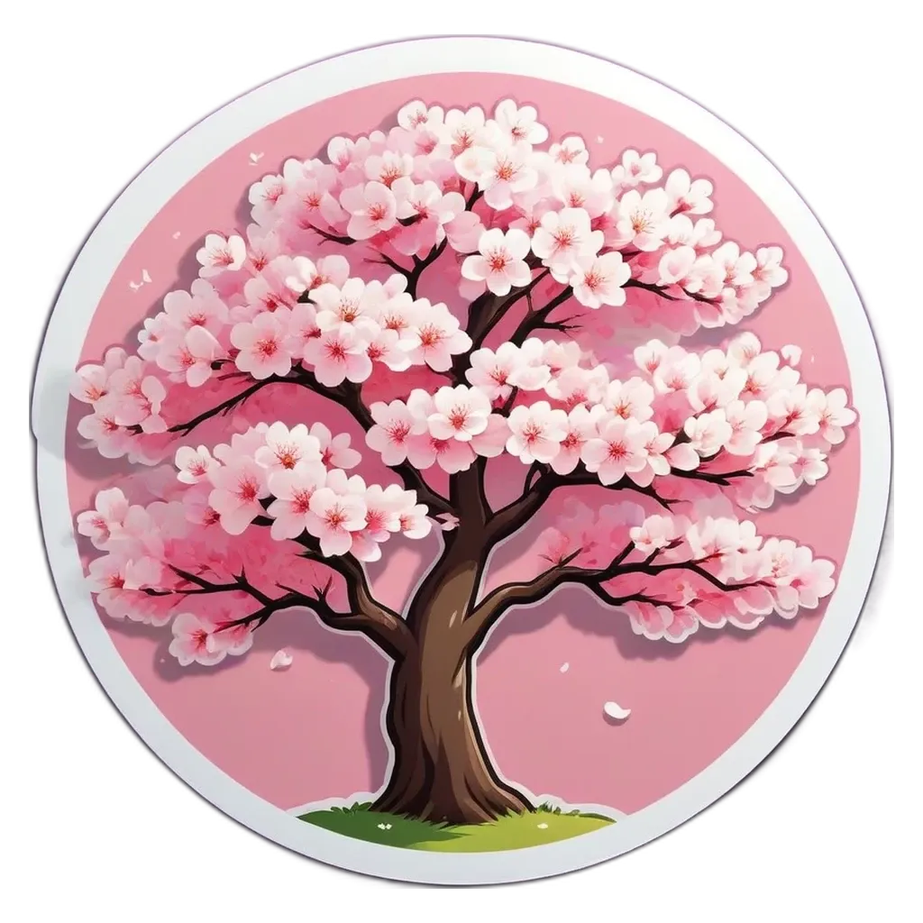 A circular sticker of a tree with pink and white petals.