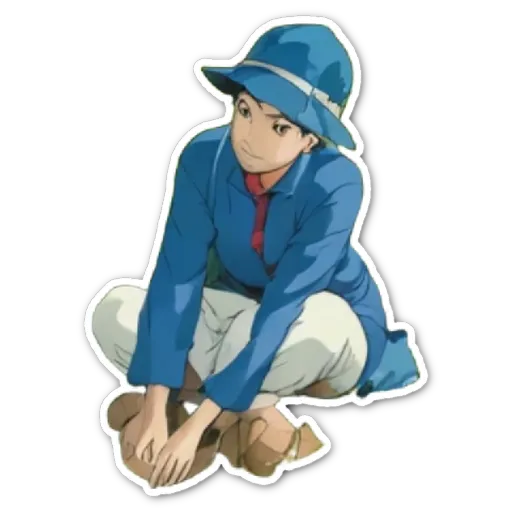 An anime character who is wearing a blue hat and white pants sticker.