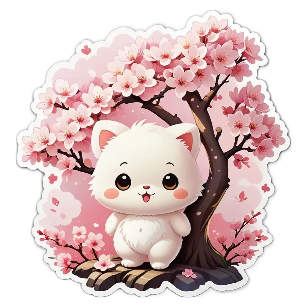 A white cat standing in front of a tree with pink and white flowers.