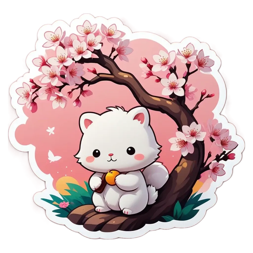 A white cat sitting under a tree with pink and white flowers.